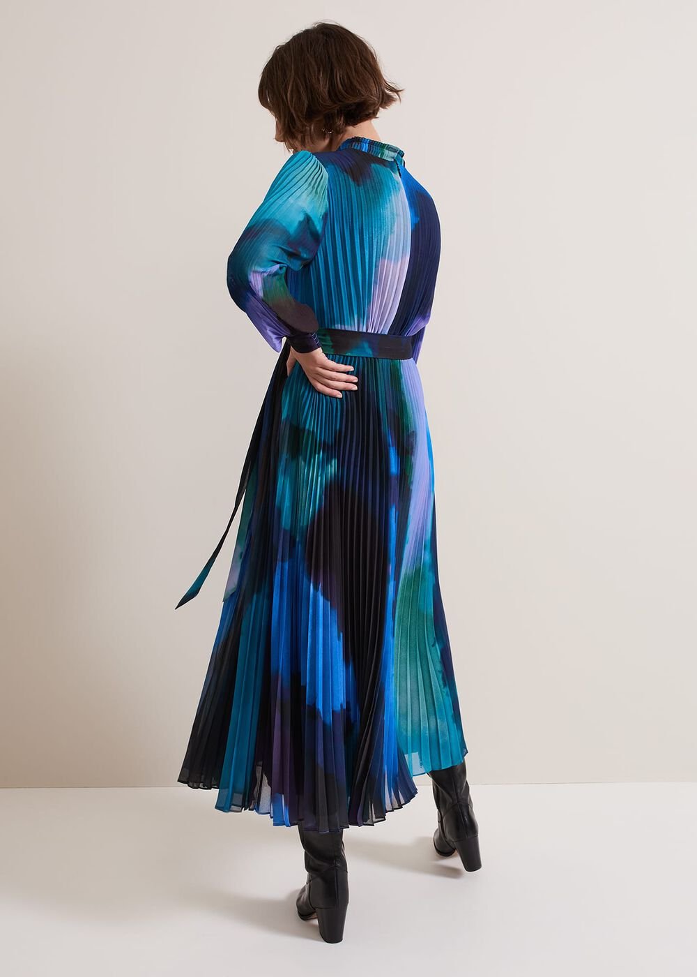 Women's Bright Blue Pleated Midi Dress Multi-Coloured