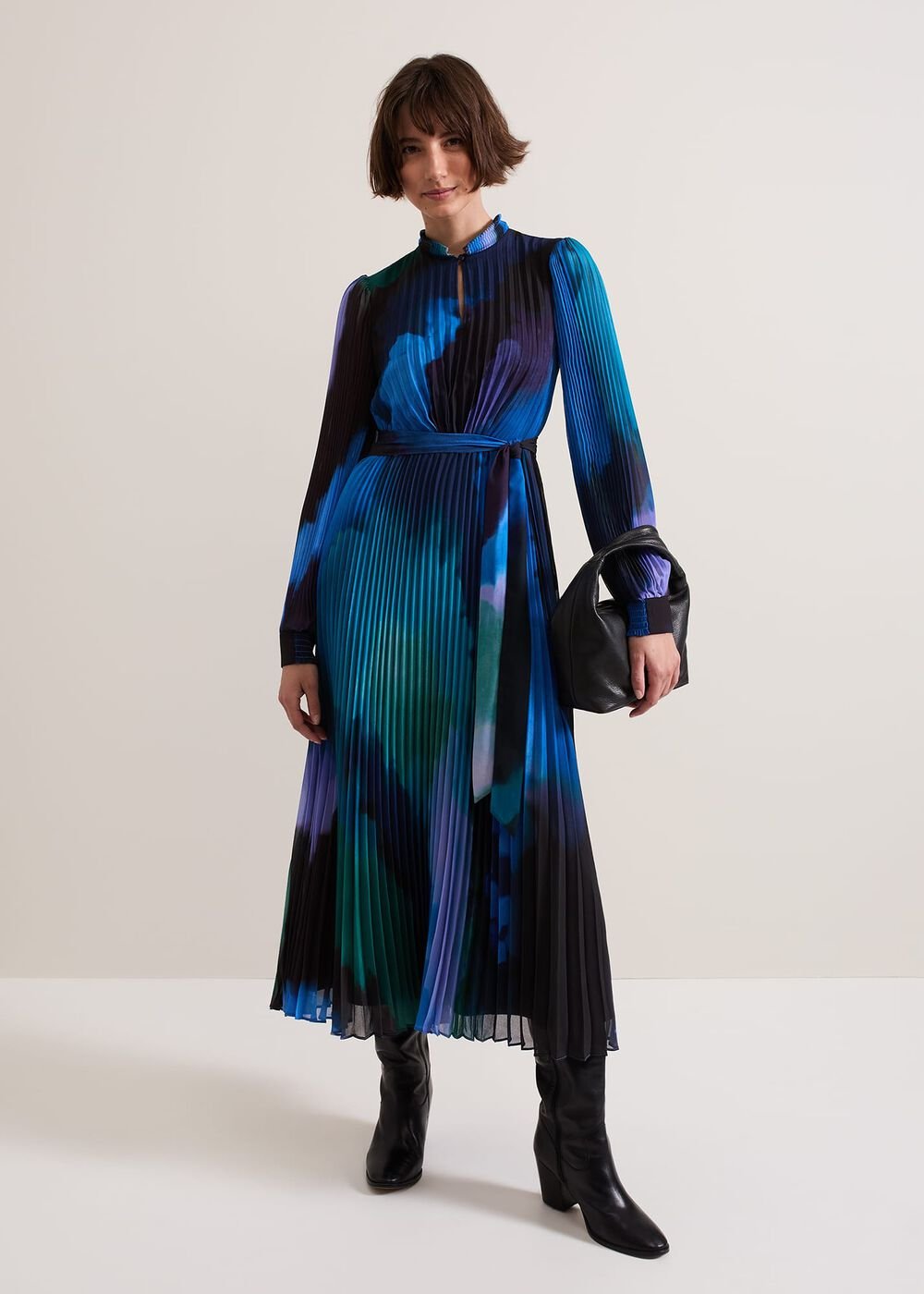 Women's Bright Blue Pleated Midi Dress Multi-Coloured