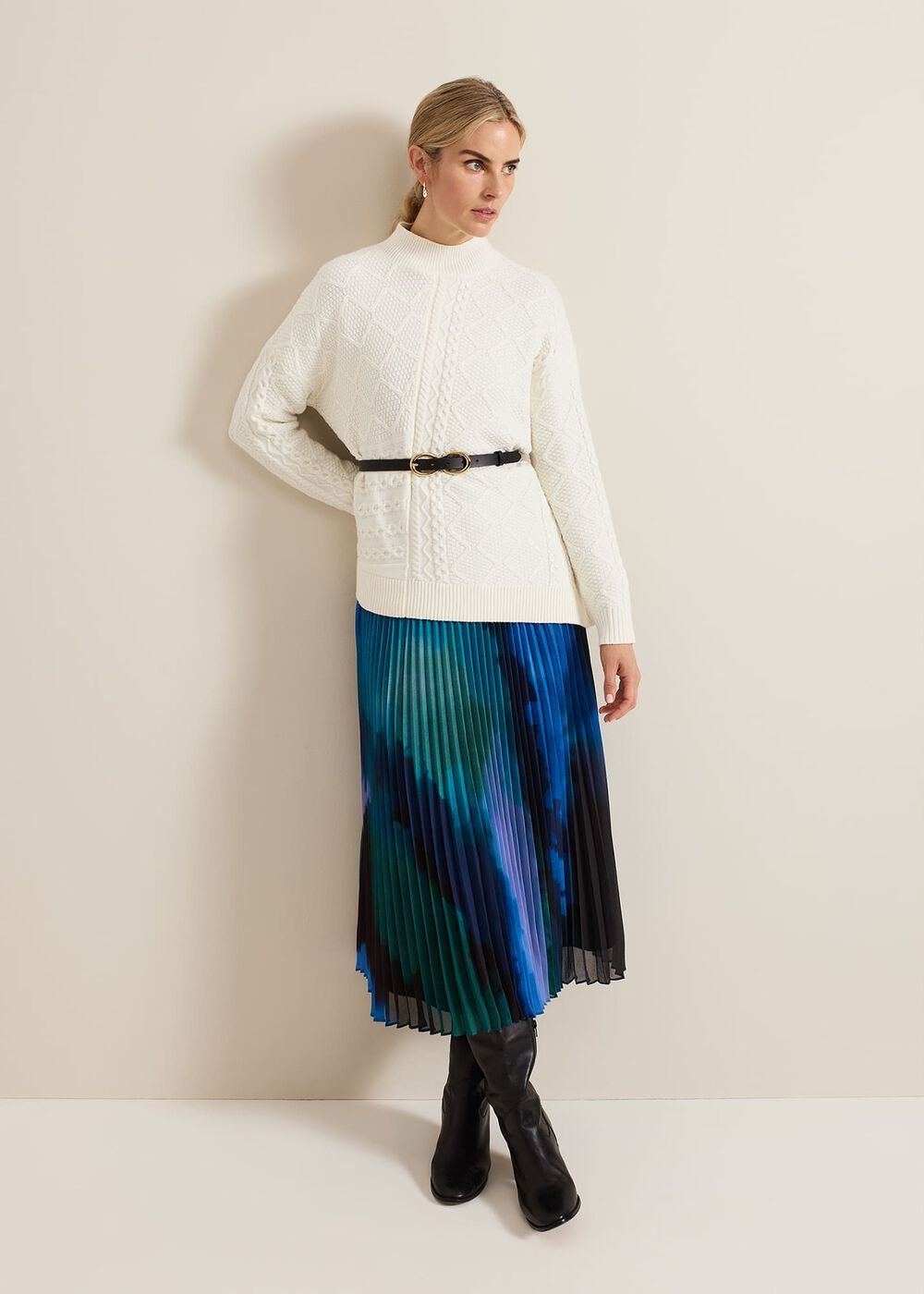 Women's Bright Blue Pleated Midi Dress Multi-Coloured