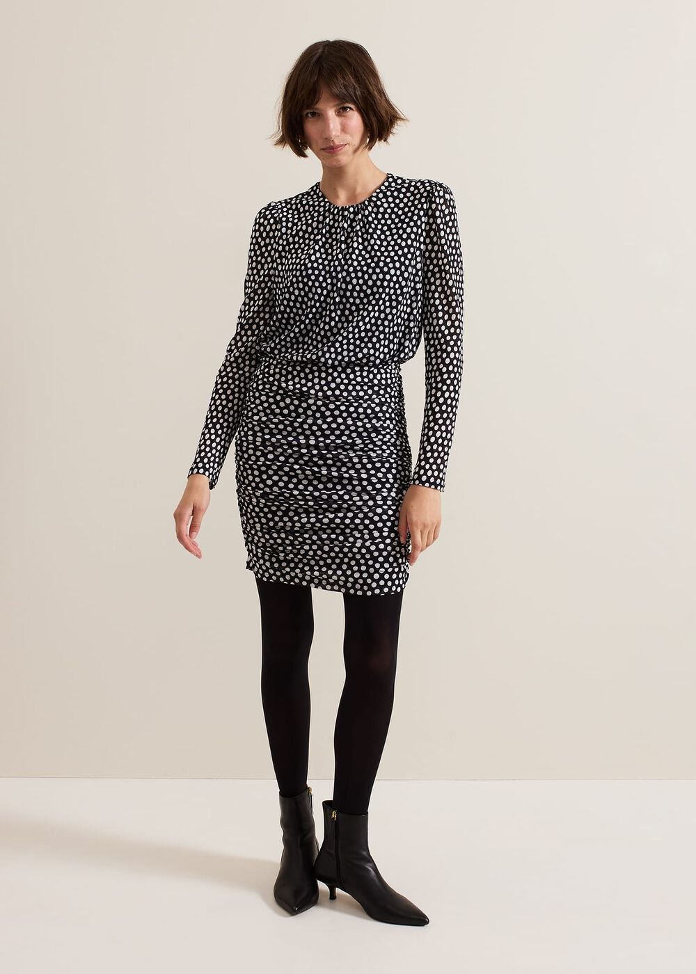 Teodroa Spot Mini Ruched Dress Black