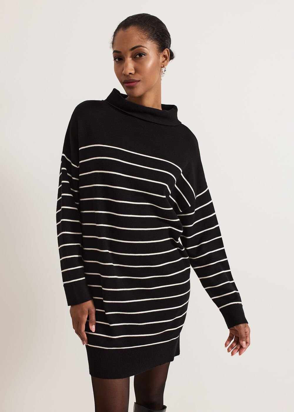 Skylar Stripe Funnel Neck Jumper Dress Black/Ivory
