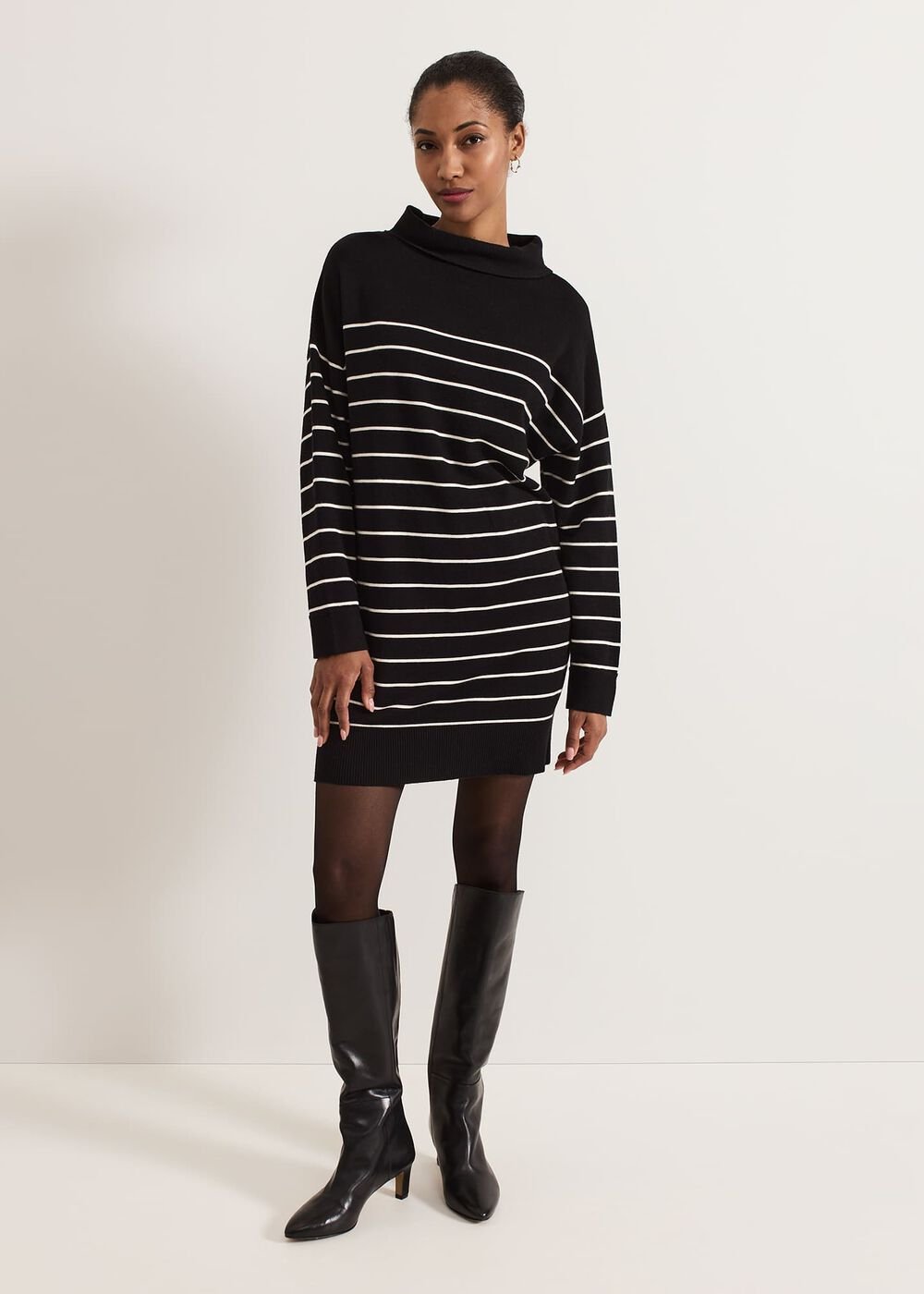 Skylar Stripe Funnel Neck Jumper Dress Black/Ivory