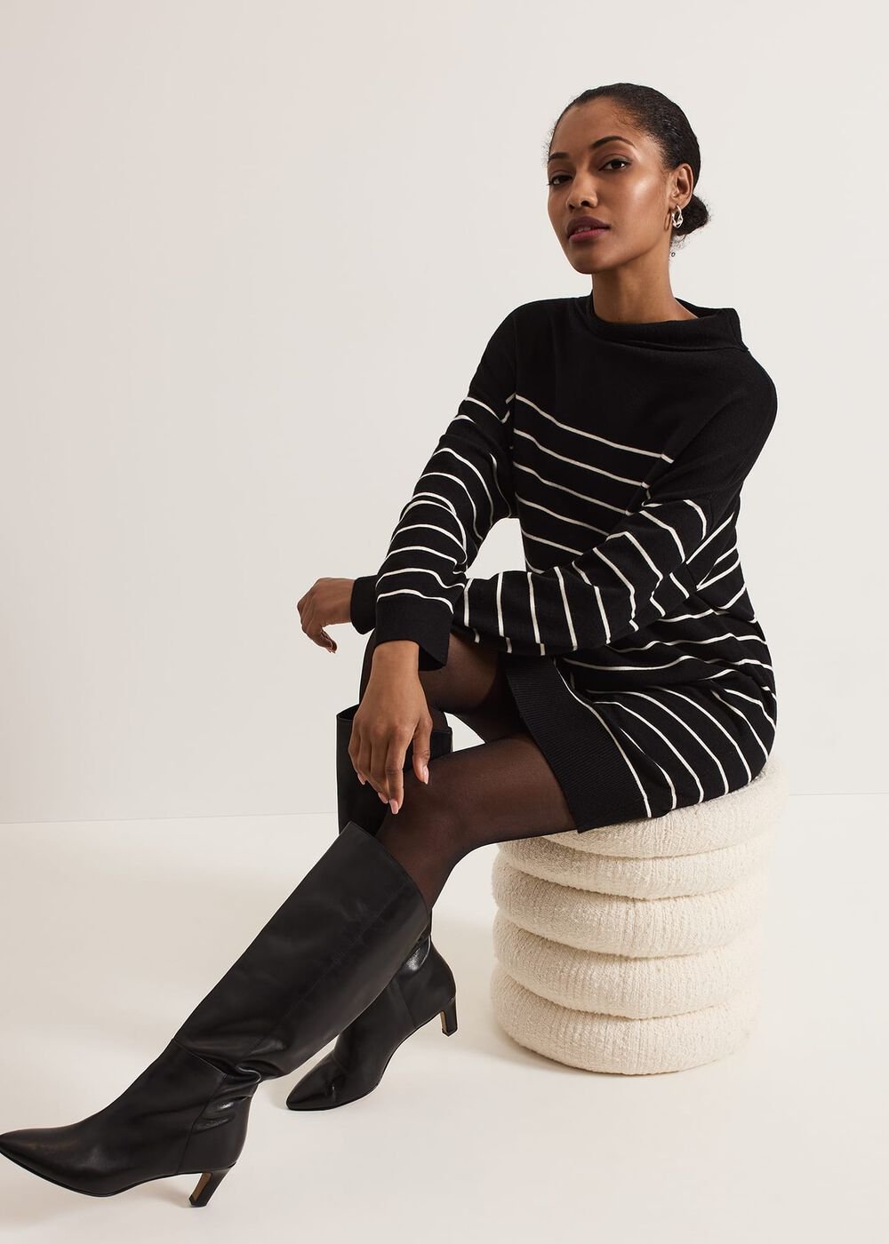 Skylar Stripe Funnel Neck Jumper Dress Black/Ivory