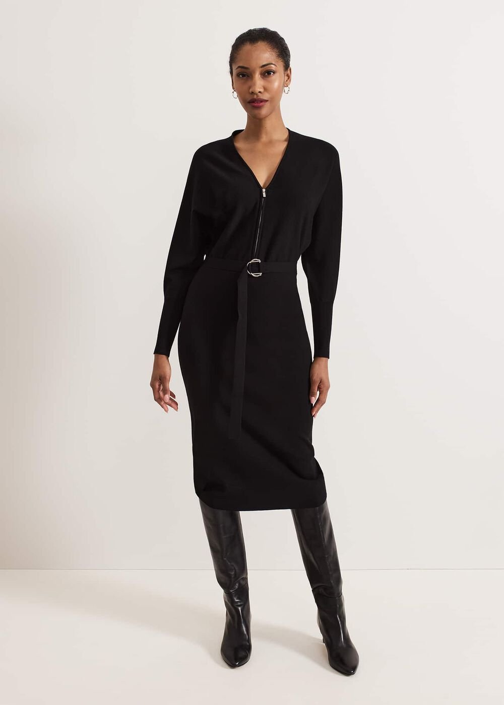 Dixie Batwing Zip Belted Dress Black
