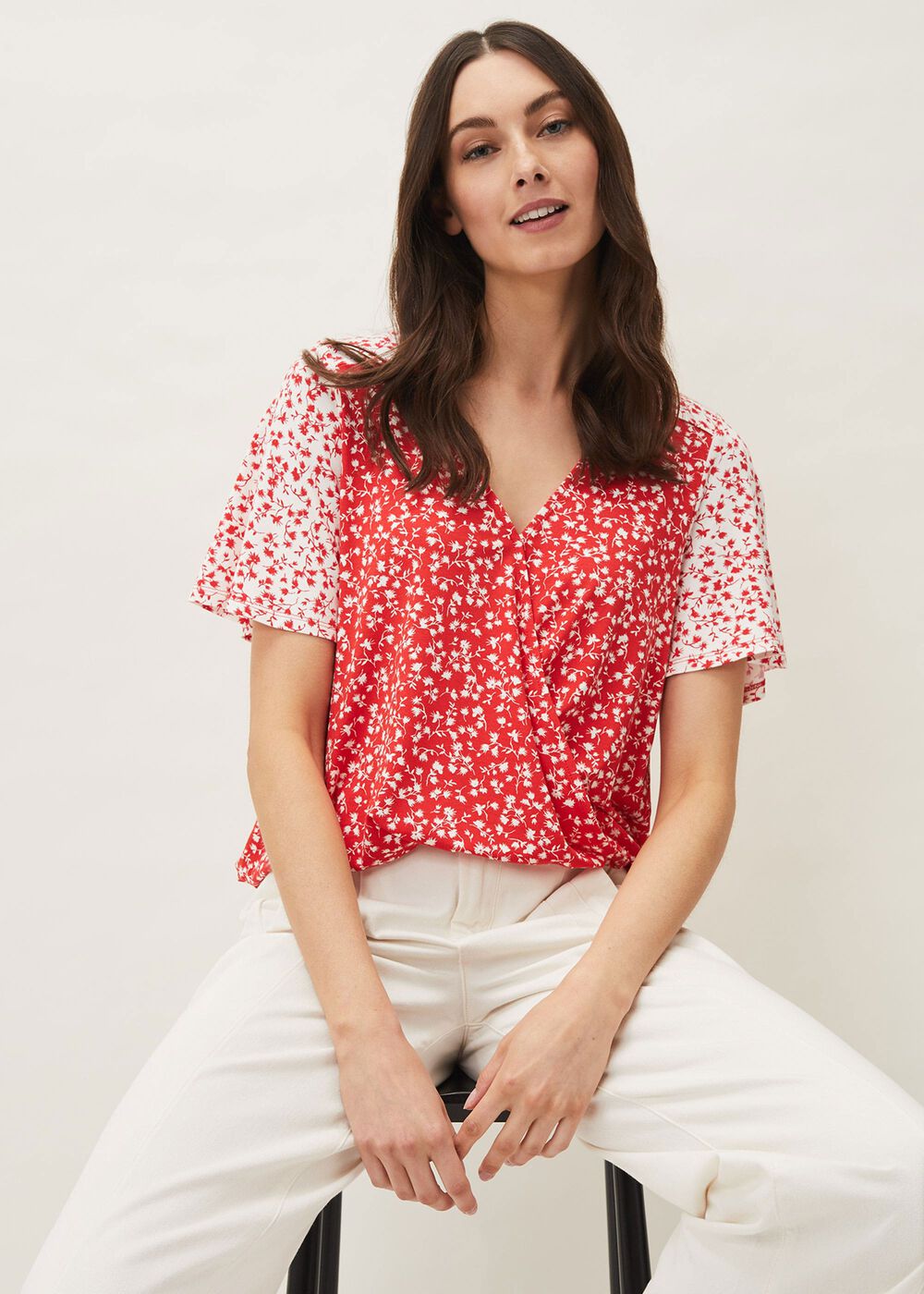 Ebony Ditsy Floral Wrap Top Red/Ivory