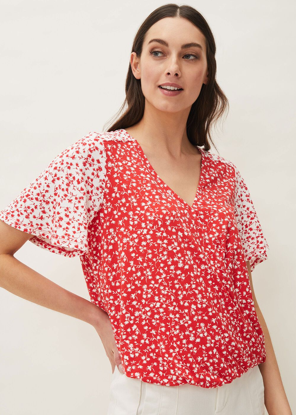 Ebony Ditsy Floral Wrap Top Red/Ivory
