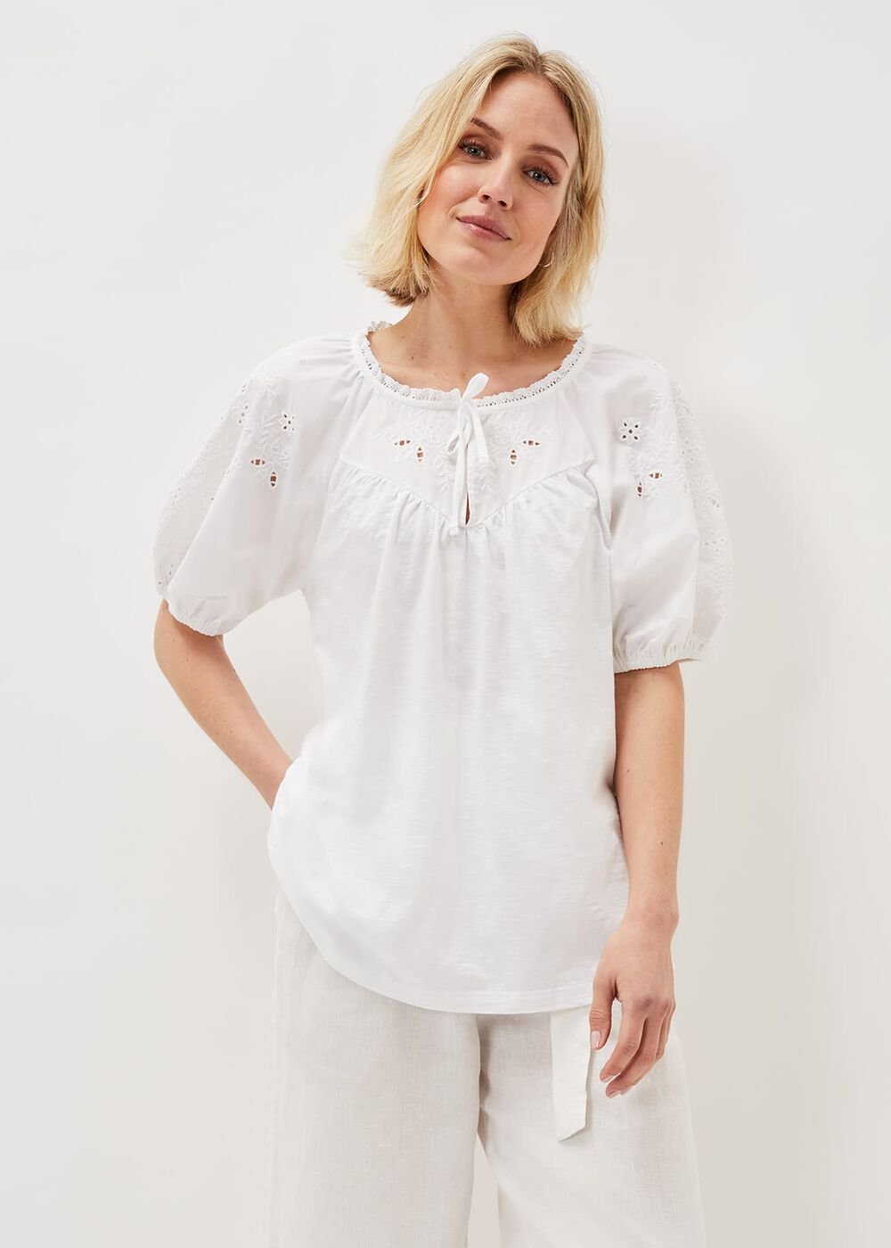 Floella Embroidered Sleeve Jersey Top White