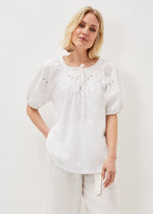 Floella Embroidered Sleeve Jersey Top White