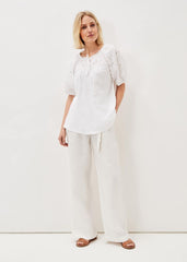 Floella Embroidered Sleeve Jersey Top White