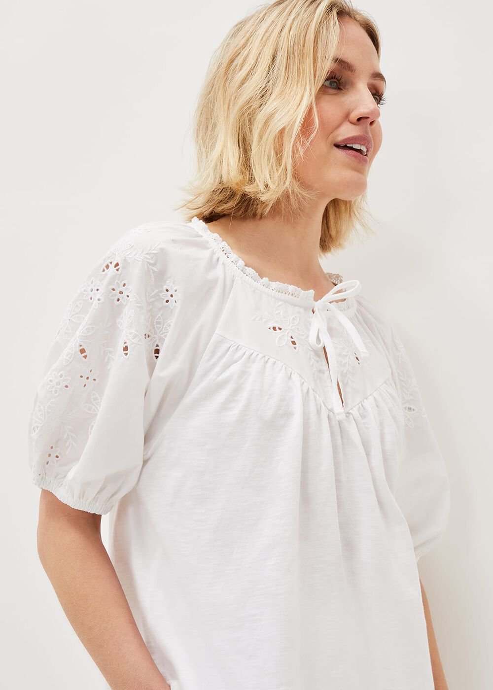 Floella Embroidered Sleeve Jersey Top White