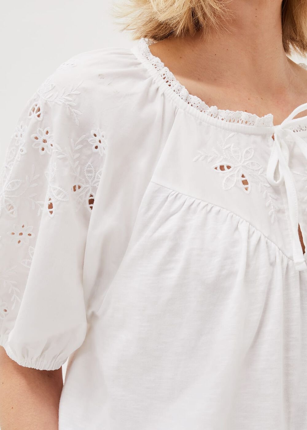 Floella Embroidered Sleeve Jersey Top White