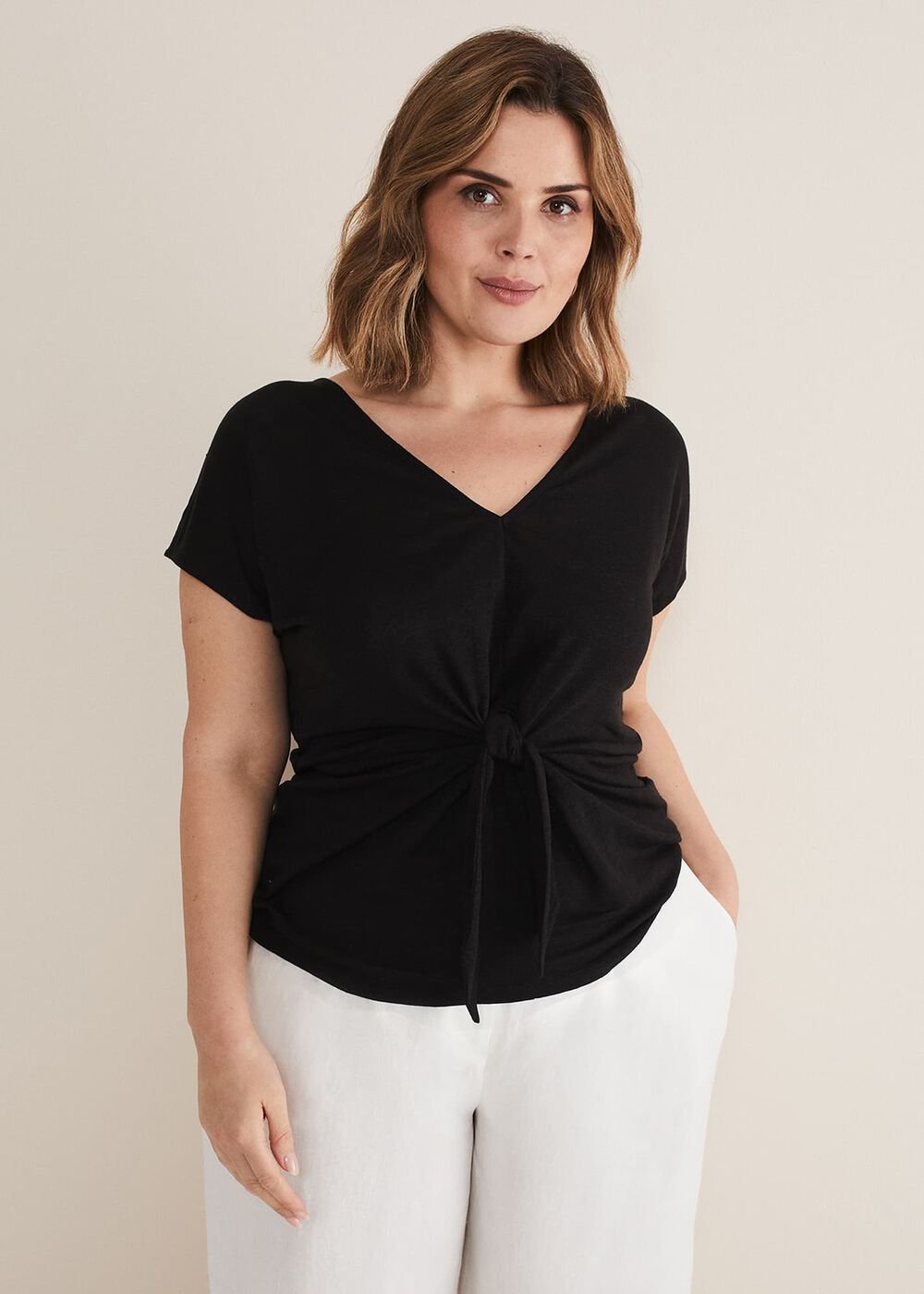 Reyna Linen Tie Front Top Black