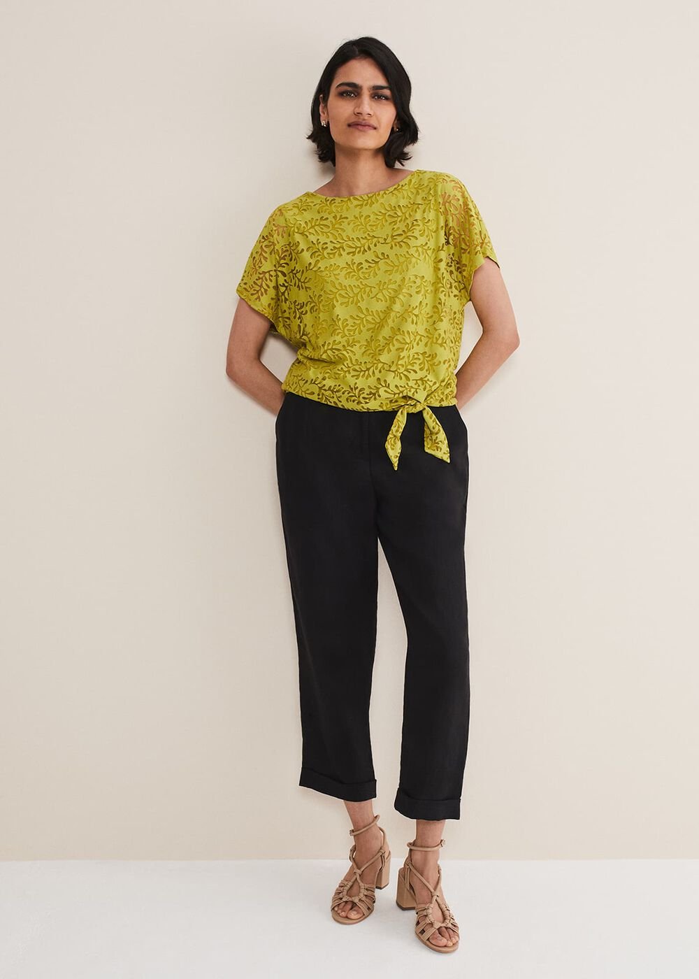 Kirstin Leaf Print Burnout Top Olive
