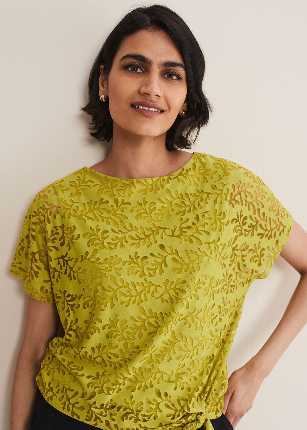 Kirstin Leaf Print Burnout Top Olive