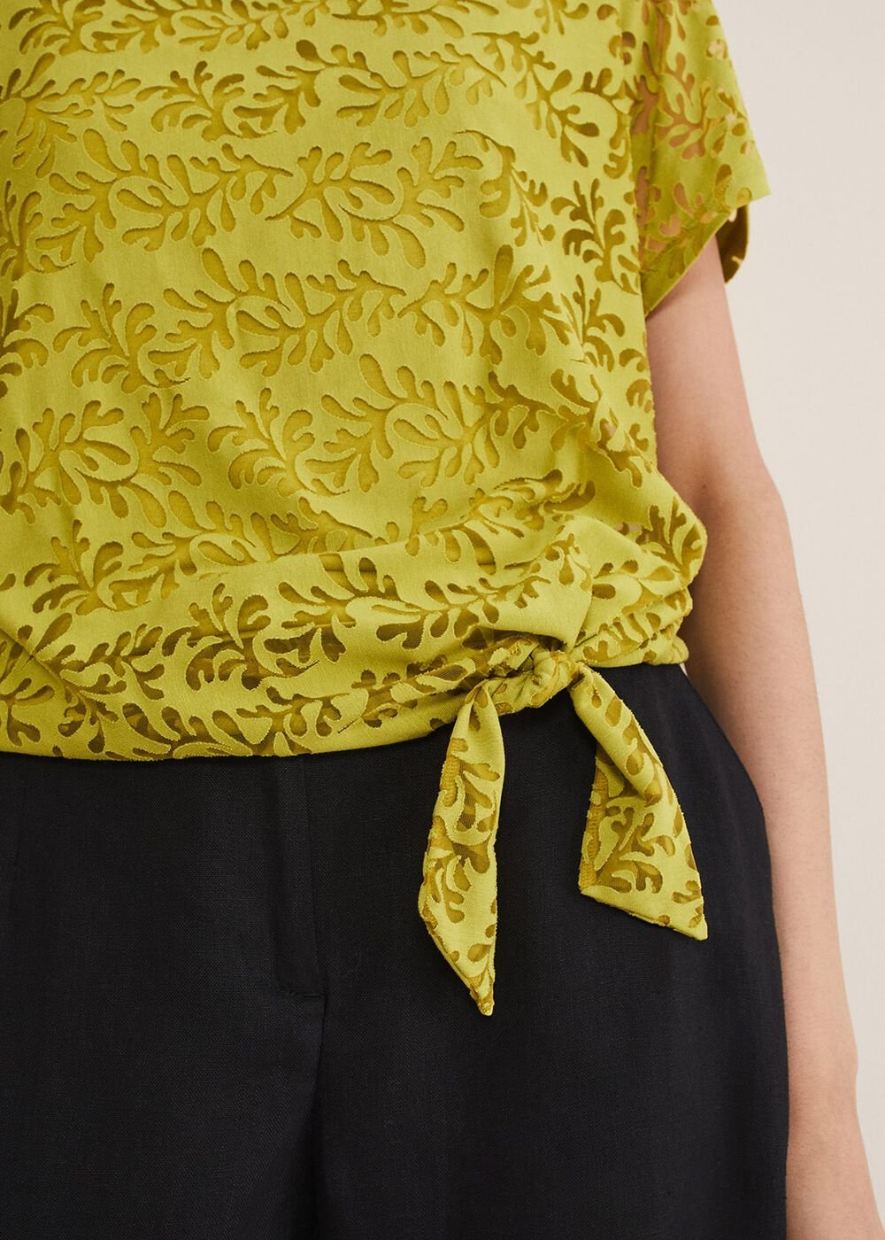 Kirstin Leaf Print Burnout Top Olive