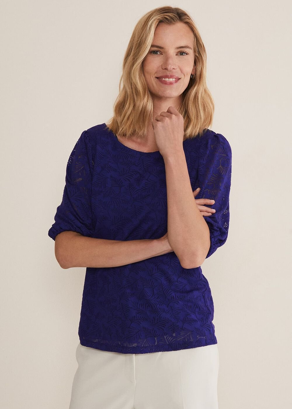 Jaeda Leaf Print Burnout Top Purple