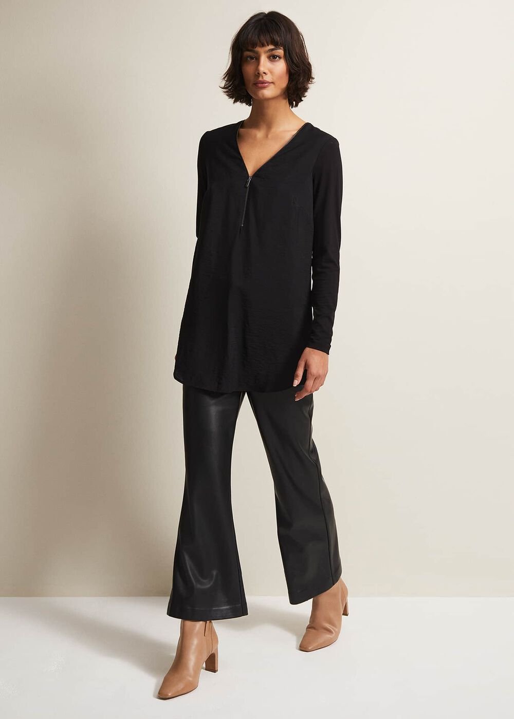 Black Tunic Top with V-Neck Zip Detail & Long Sleeves Black