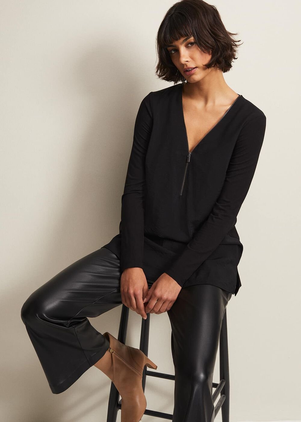 Black Tunic Top with V-Neck Zip Detail & Long Sleeves Black