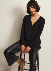 Black Tunic Top with V-Neck Zip Detail & Long Sleeves Black
