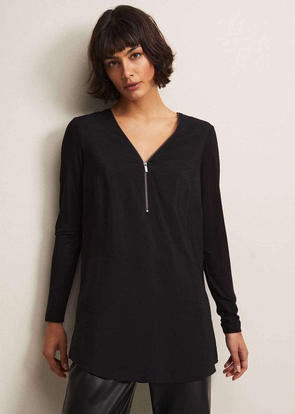 Black Tunic Top with V-Neck Zip Detail & Long Sleeves Black