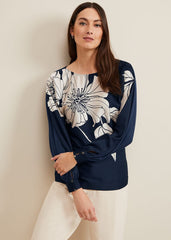 Alora Floral Woven Front Top Navy