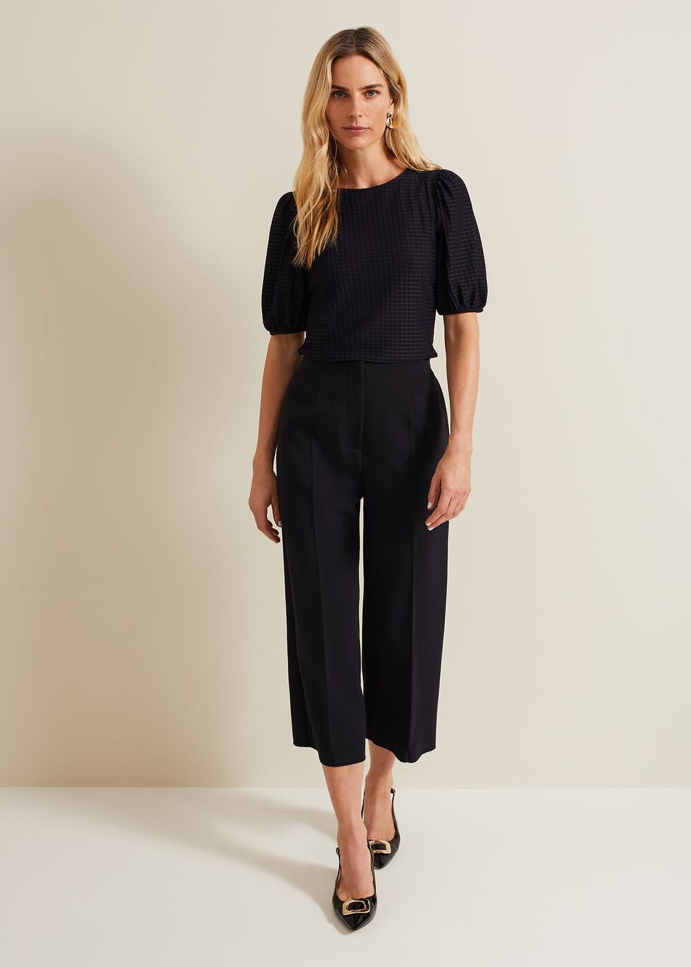 Adley Texture Bubble Sleeve Top Navy