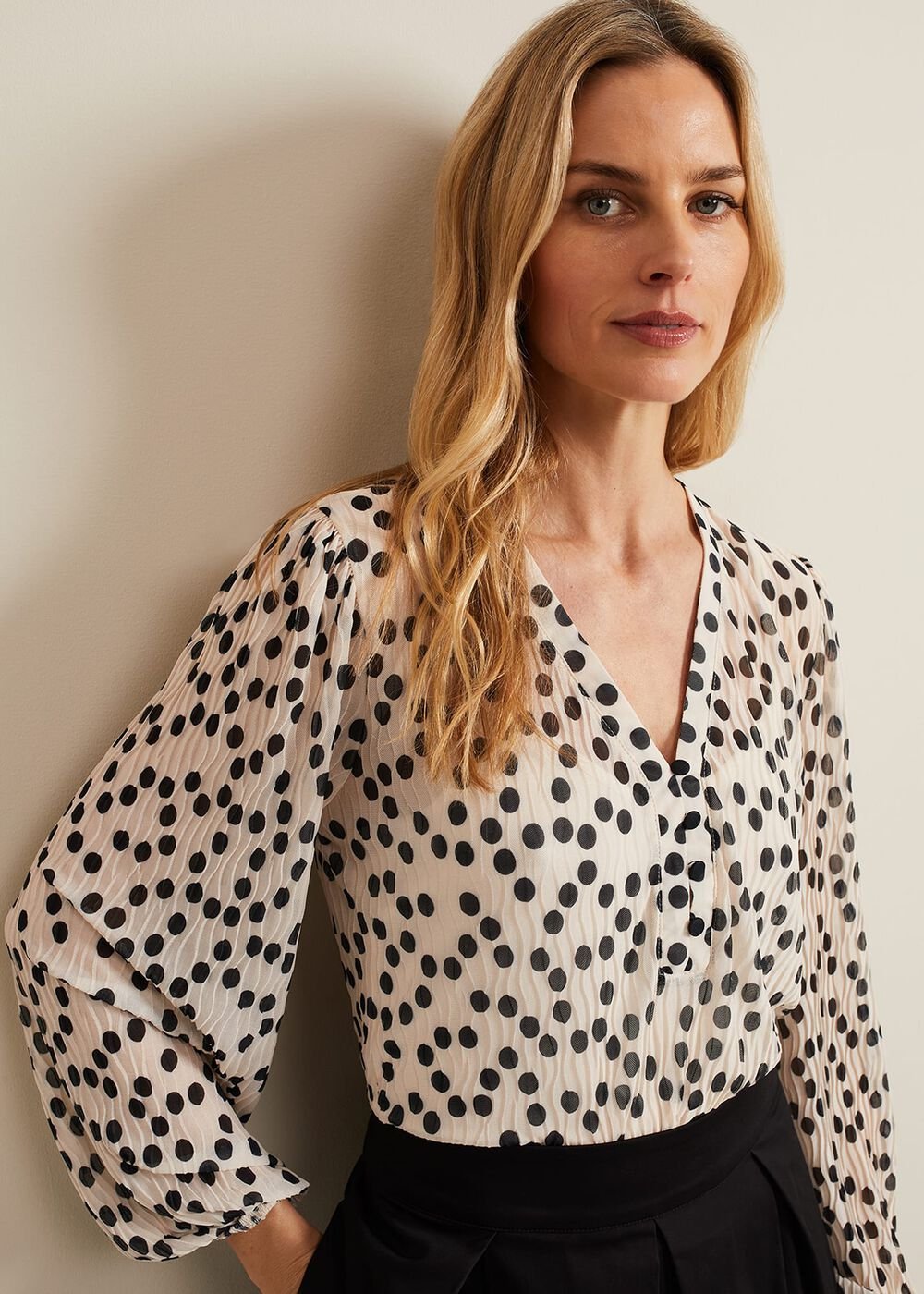 Sophia Spot Textured Mesh Top Ivory