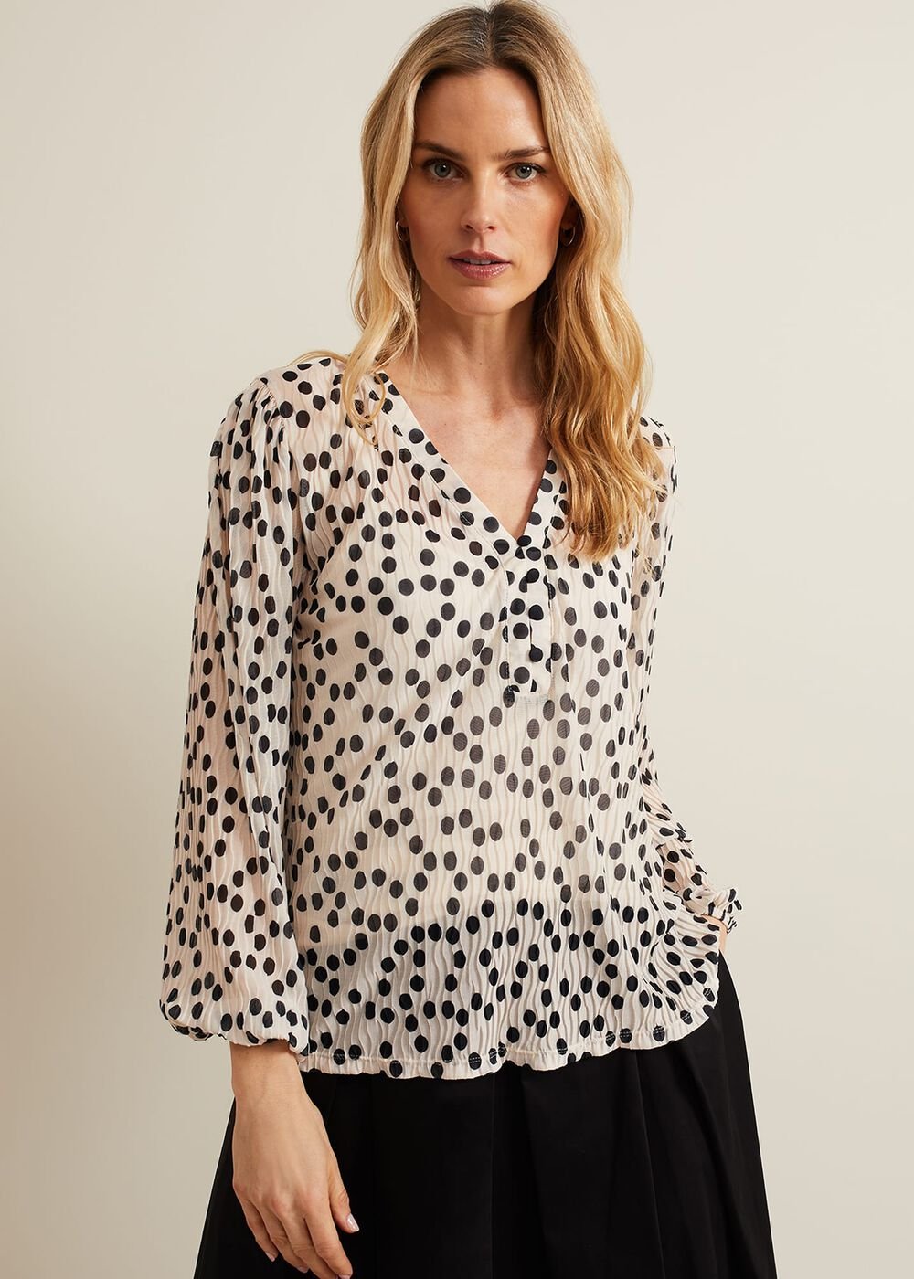 Sophia Spot Textured Mesh Top Ivory