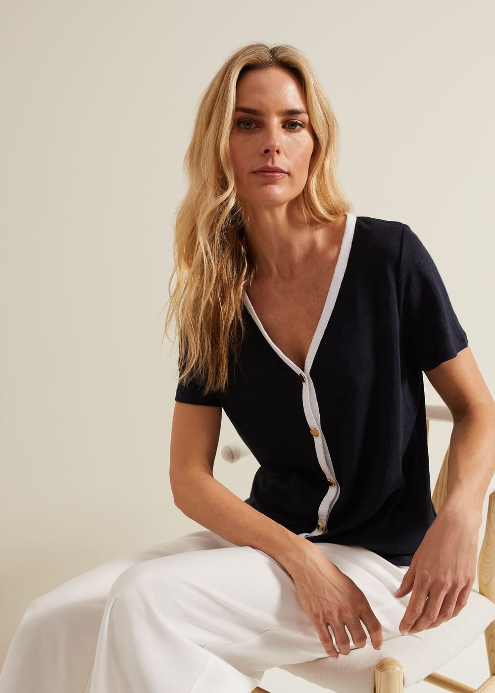 Dorothy Contrast Piping Linen Top Navy/White
