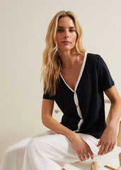 Dorothy Contrast Piping Linen Top Navy/White