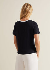 Dorothy Contrast Piping Linen Top Navy/White