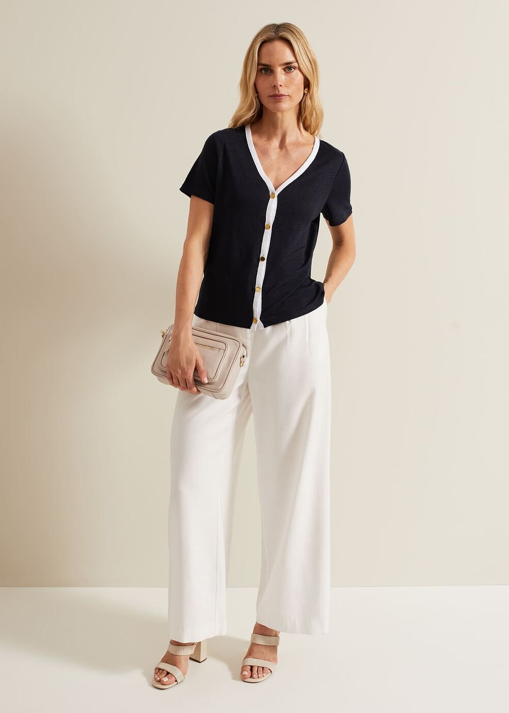 Dorothy Contrast Piping Linen Top Navy/White