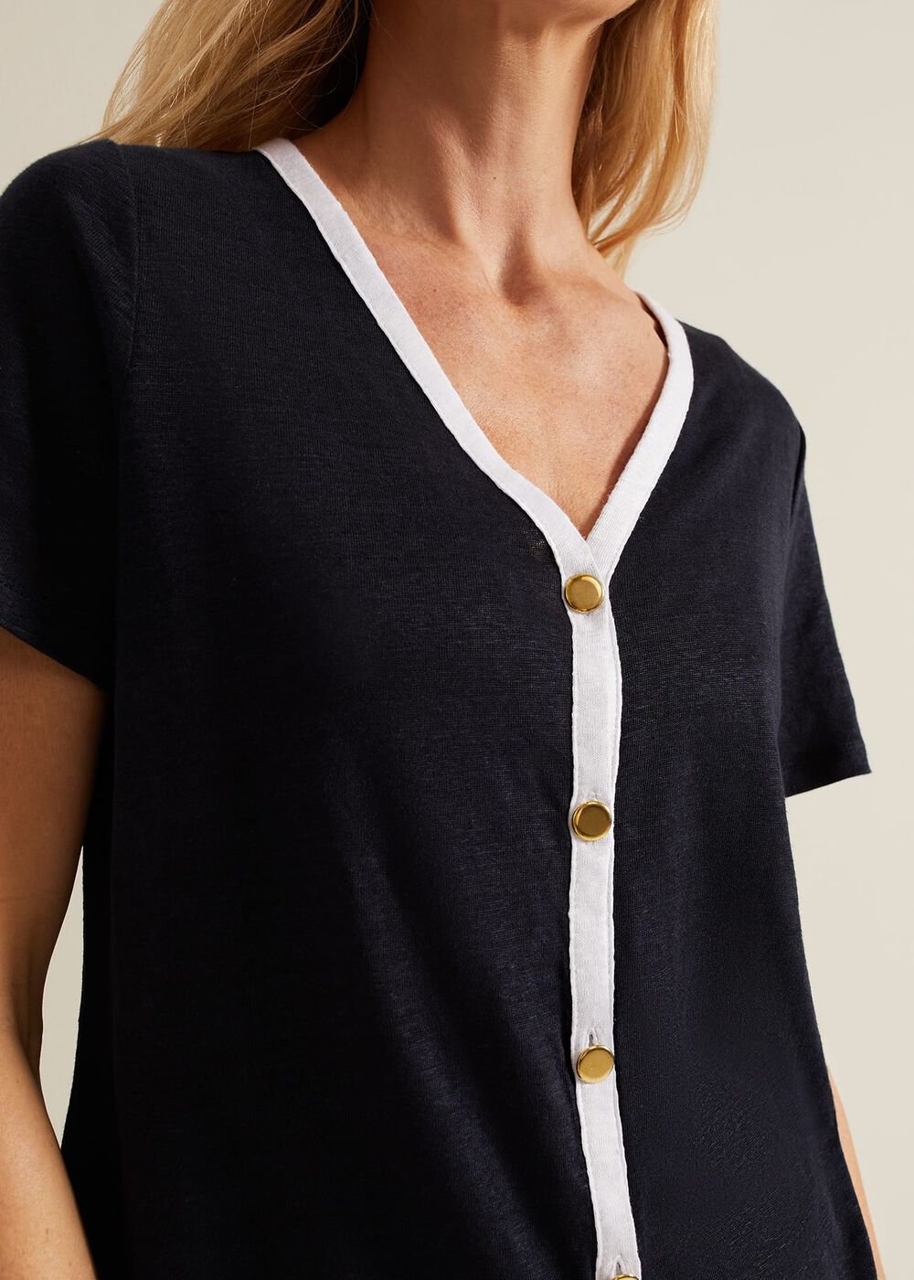 Dorothy Contrast Piping Linen Top Navy/White