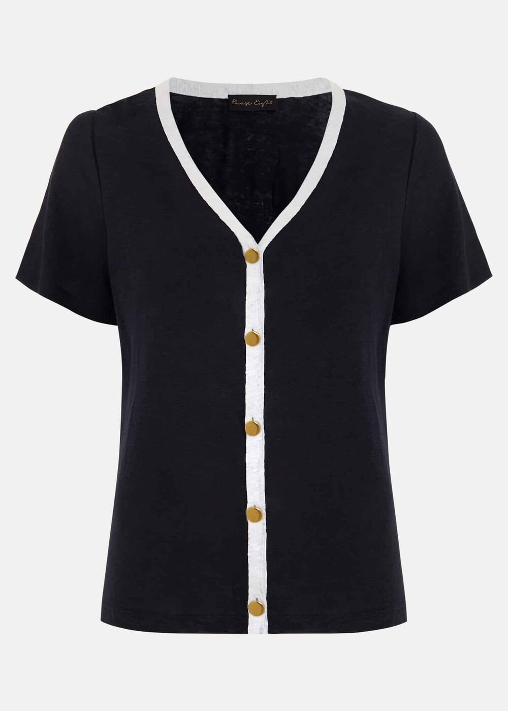 Dorothy Contrast Piping Linen Top Navy/White