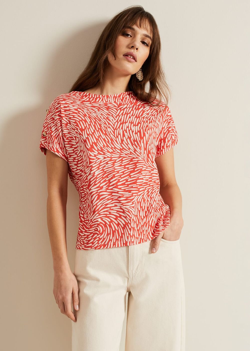Suzie Button Detail Printed Top Red