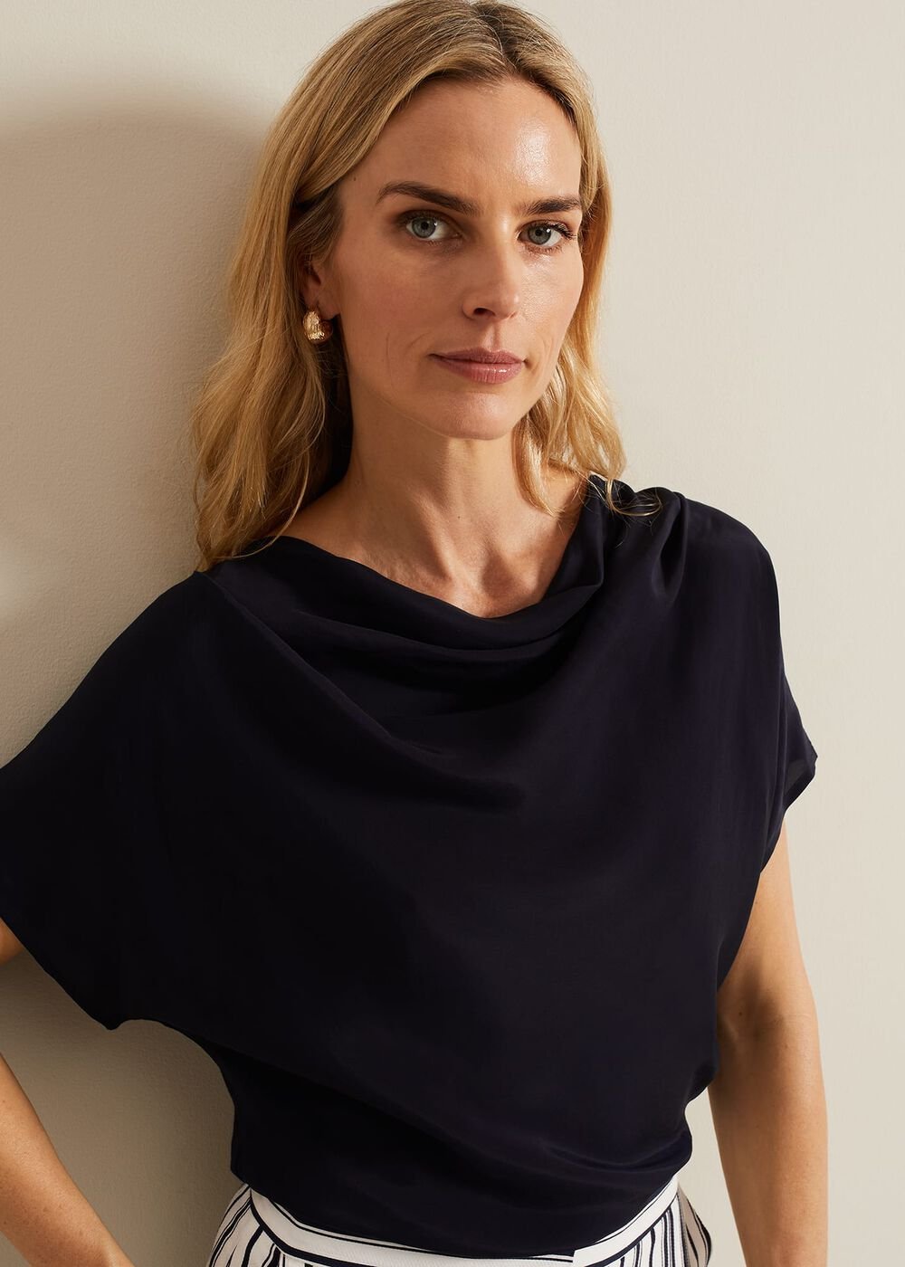 Cheryl Cowl Neck Woven Front Top Navy