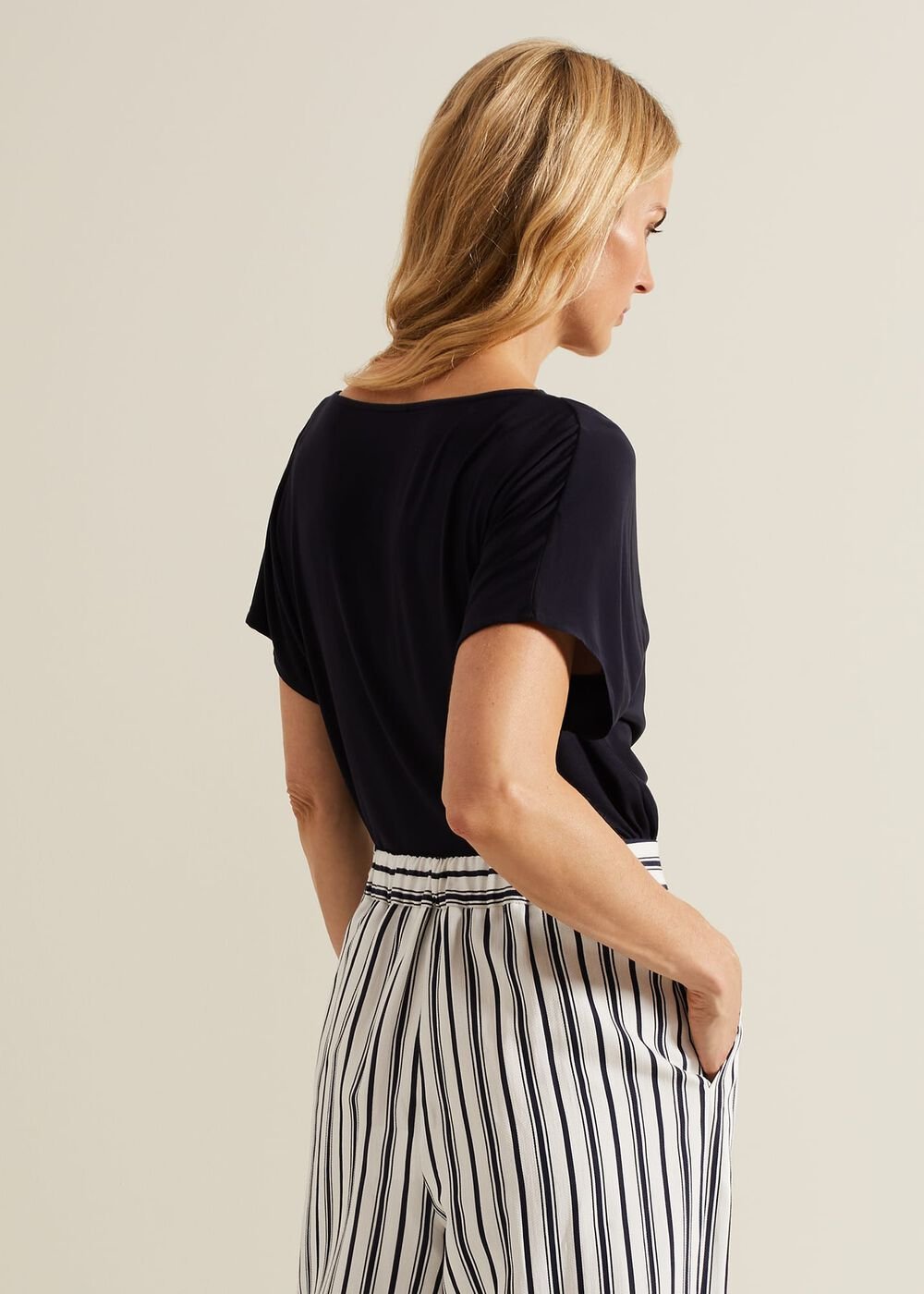 Cheryl Cowl Neck Woven Front Top Navy