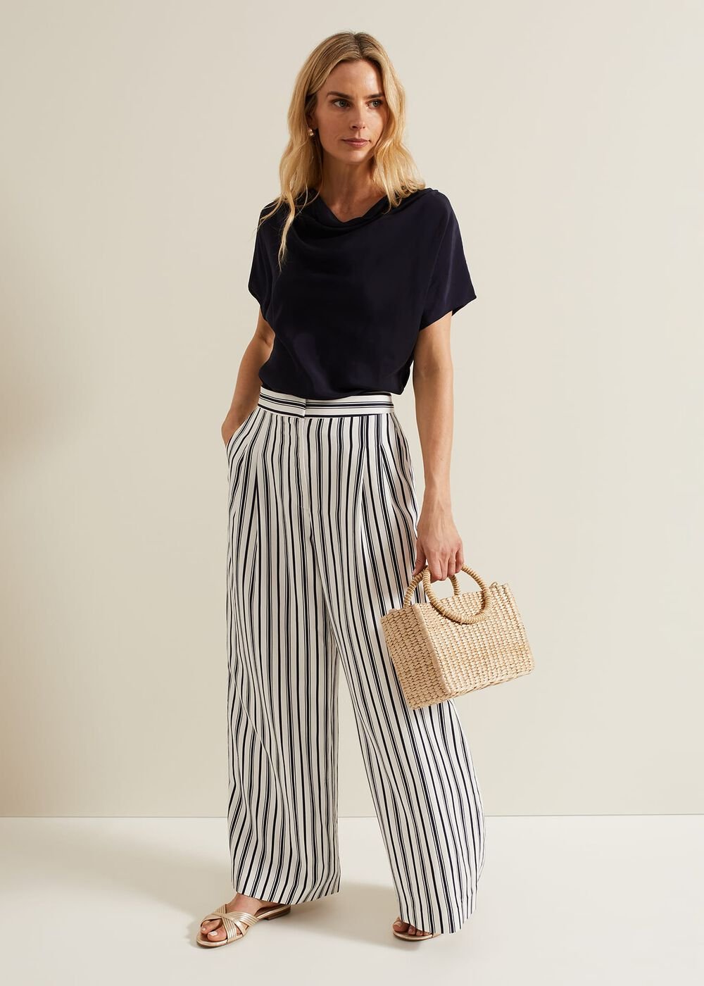 Cheryl Cowl Neck Woven Front Top Navy