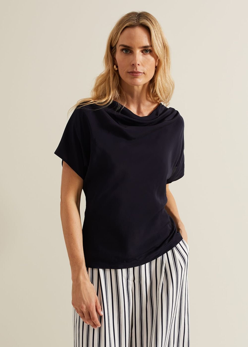 Cheryl Cowl Neck Woven Front Top Navy
