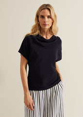Cheryl Cowl Neck Woven Front Top Navy