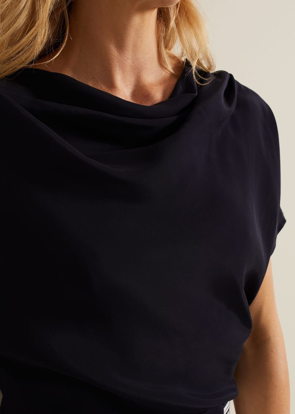 Cheryl Cowl Neck Woven Front Top Navy