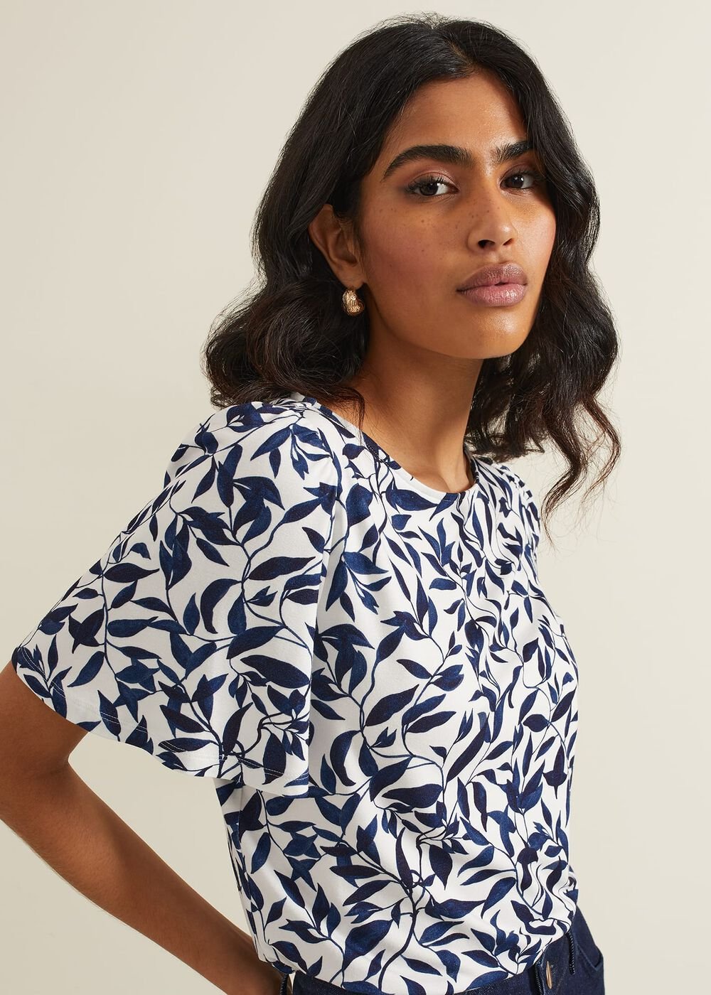 Nayana Leaf Print Top Navy/White