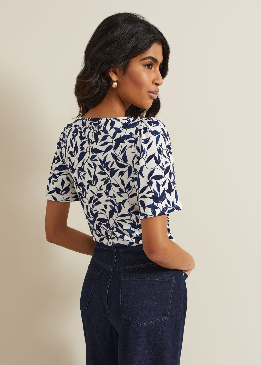 Nayana Leaf Print Top Navy/White