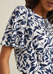 Nayana Leaf Print Top Navy/White