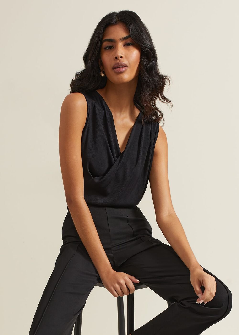 Sutton Sleeveless Drape Rib Top Black