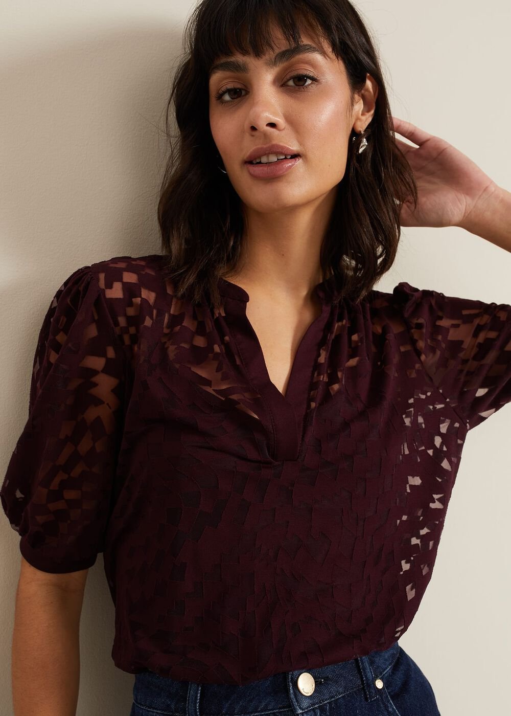 Cleo Checkered Burnout Top Burgundy