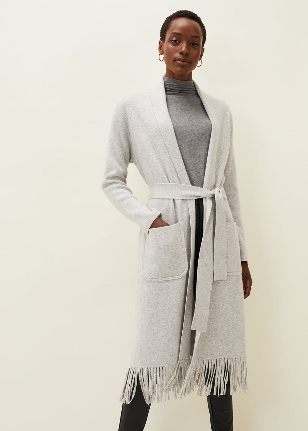Debbie Tassel Trim Maxi Cardigan Pale Grey