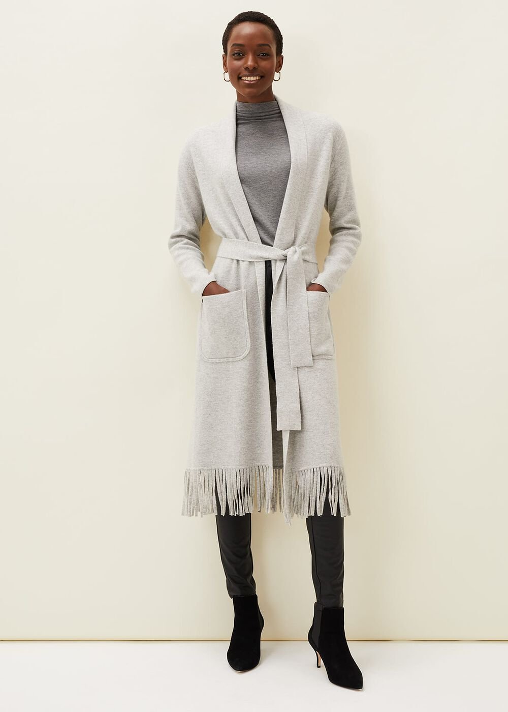 Debbie Tassel Trim Maxi Cardigan Pale Grey