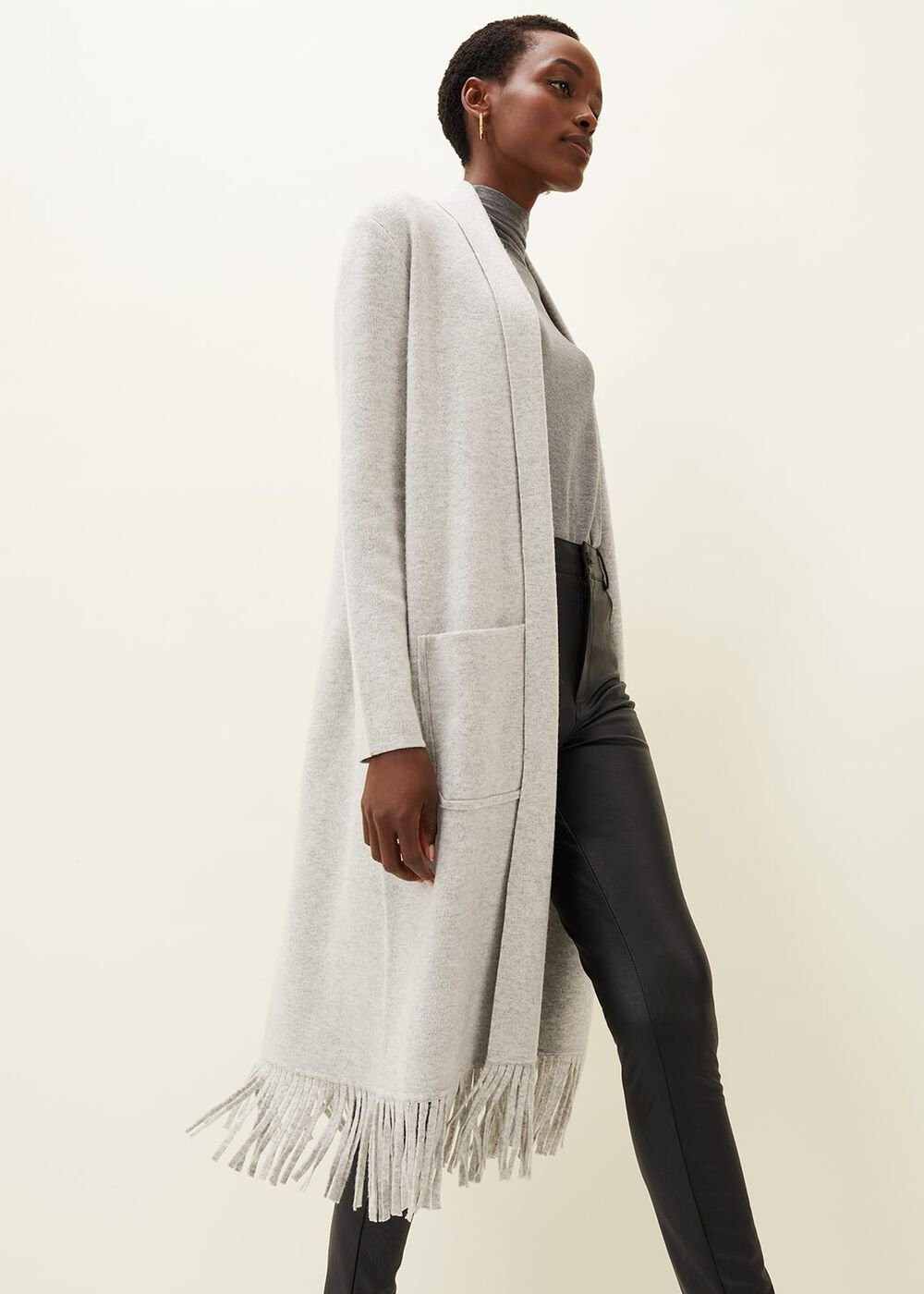 Debbie Tassel Trim Maxi Cardigan Pale Grey