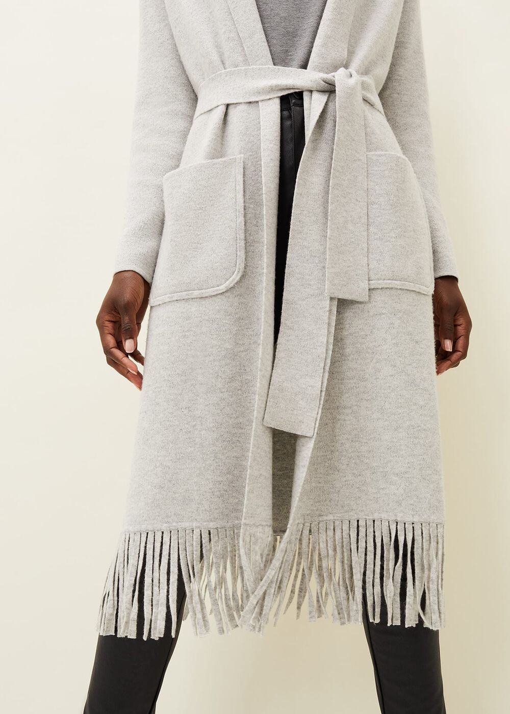 Debbie Tassel Trim Maxi Cardigan Pale Grey